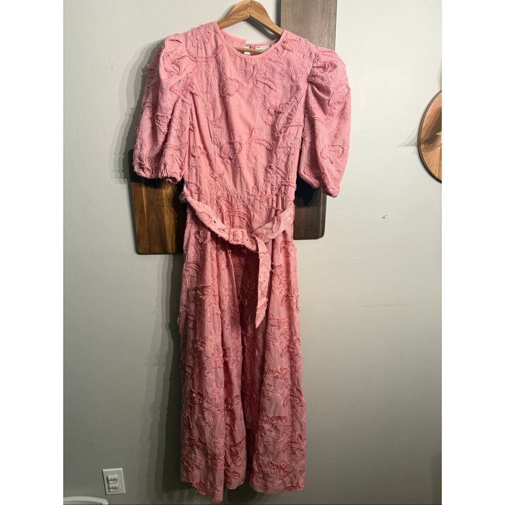 ASOS Design Pink Textured Jacquard Belted Romantic Chic Midi Skater Dress Size 8
